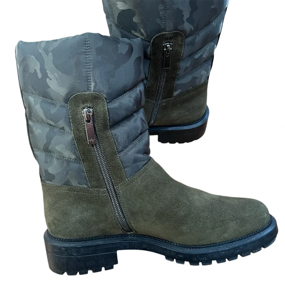 Aquatalia women‎ Lori olive green camouflage suede quilted puffer boots size 7